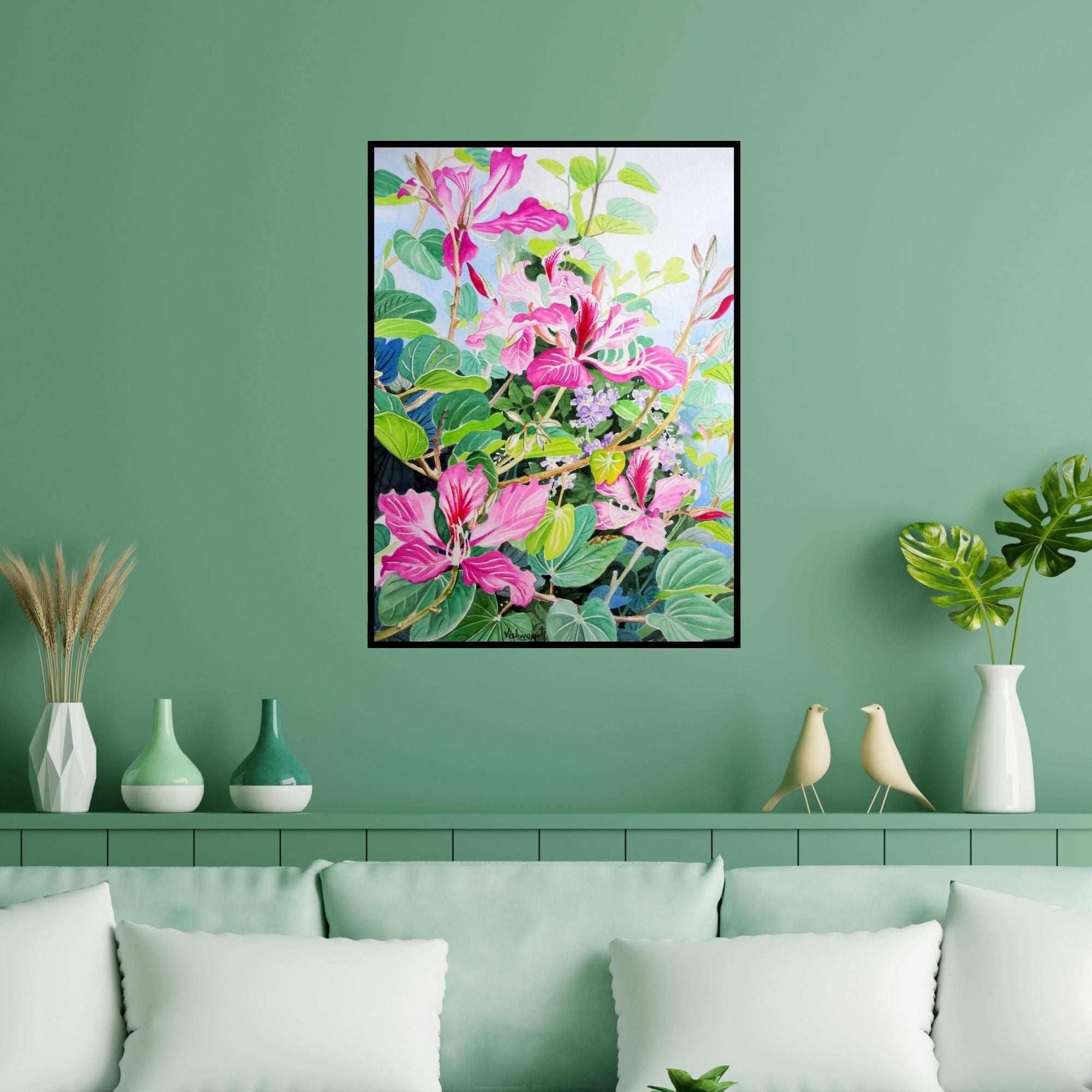 Preview of 'Bauhinia And Duranta Ii (Blossoms Delight: A Floral Harmony)' Painting by Vishwajyoti Mohrhoff shown on a wall in a furnished room.