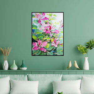Preview of 'Bauhinia And Duranta Ii (Blossoms Delight: A Floral Harmony)' Painting by Vishwajyoti Mohrhoff shown on a wall in a furnished room.