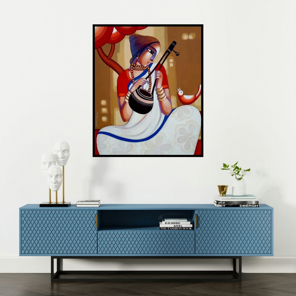 Sekhar Roy's 'Baul 10' painting visualized above a sofa in a contemporary room.