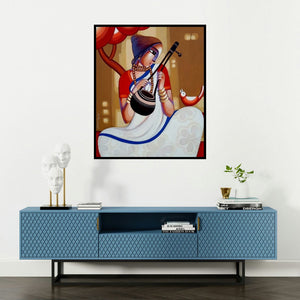 Sekhar Roy's 'Baul 10' painting visualized above a sofa in a contemporary room.