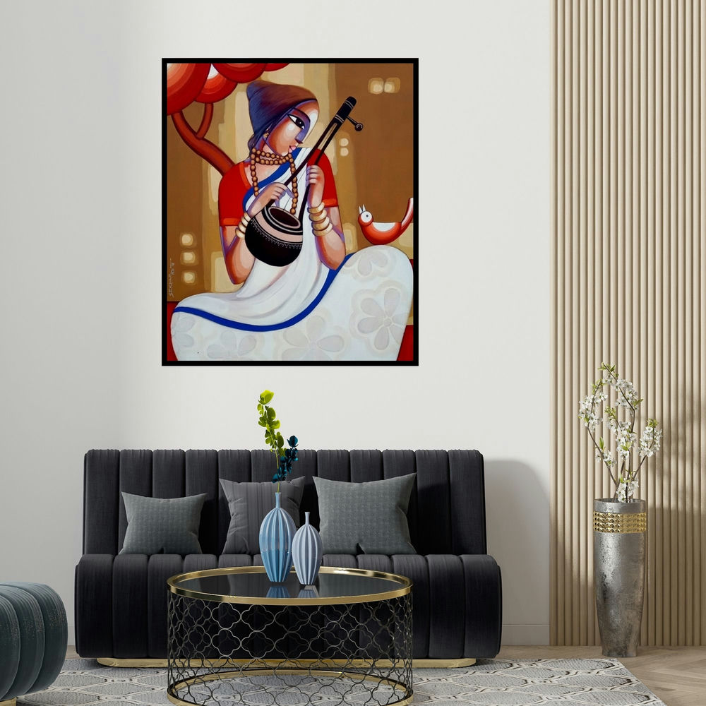 'Baul 10' painting by Sekhar Roy shown on a wall in a furnished room.