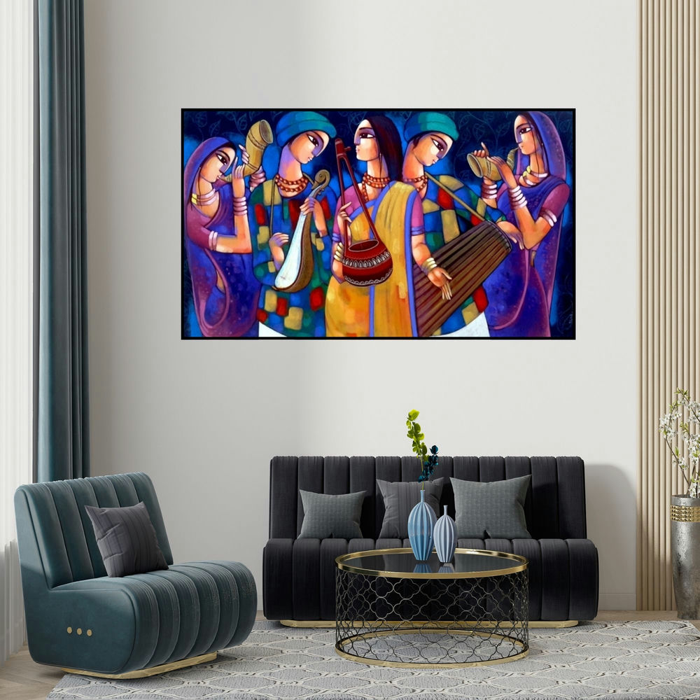 Sekhar Roy's 'Baul 3' painting visualized above a sofa in a contemporary room.