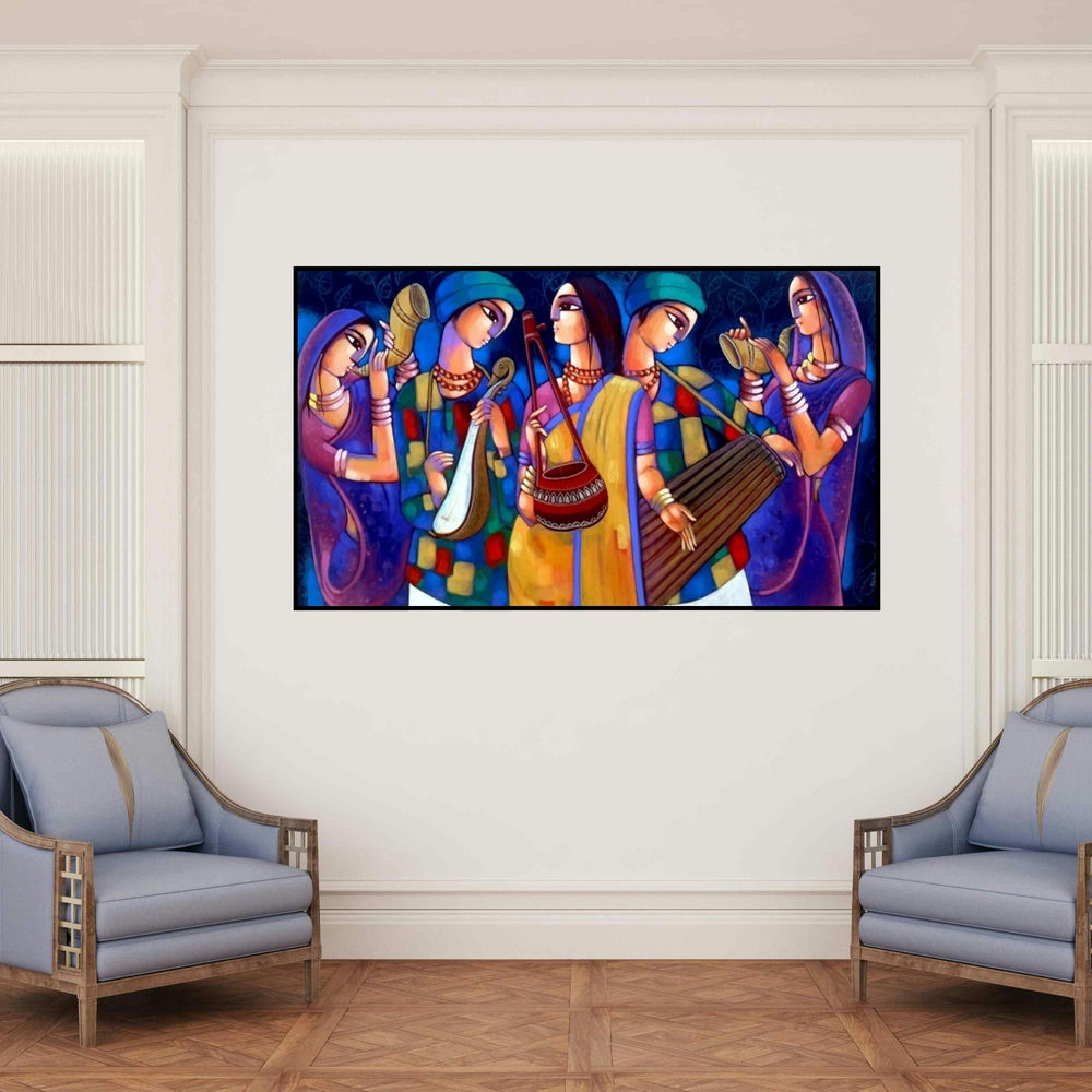 'Baul 3' painting by Sekhar Roy shown on a wall in a furnished room.