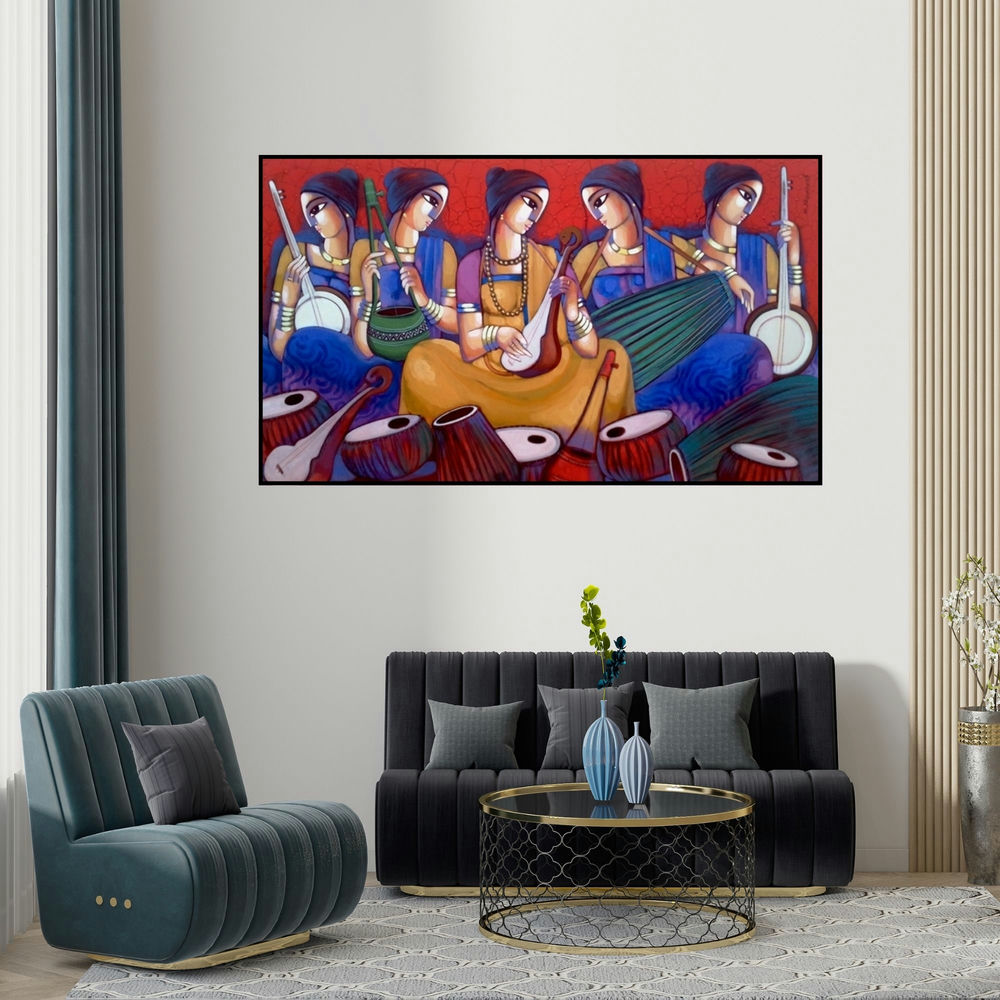 Sekhar Roy's 'Baul 7 (Baul Musician)' painting visualized above a sofa in a contemporary room.