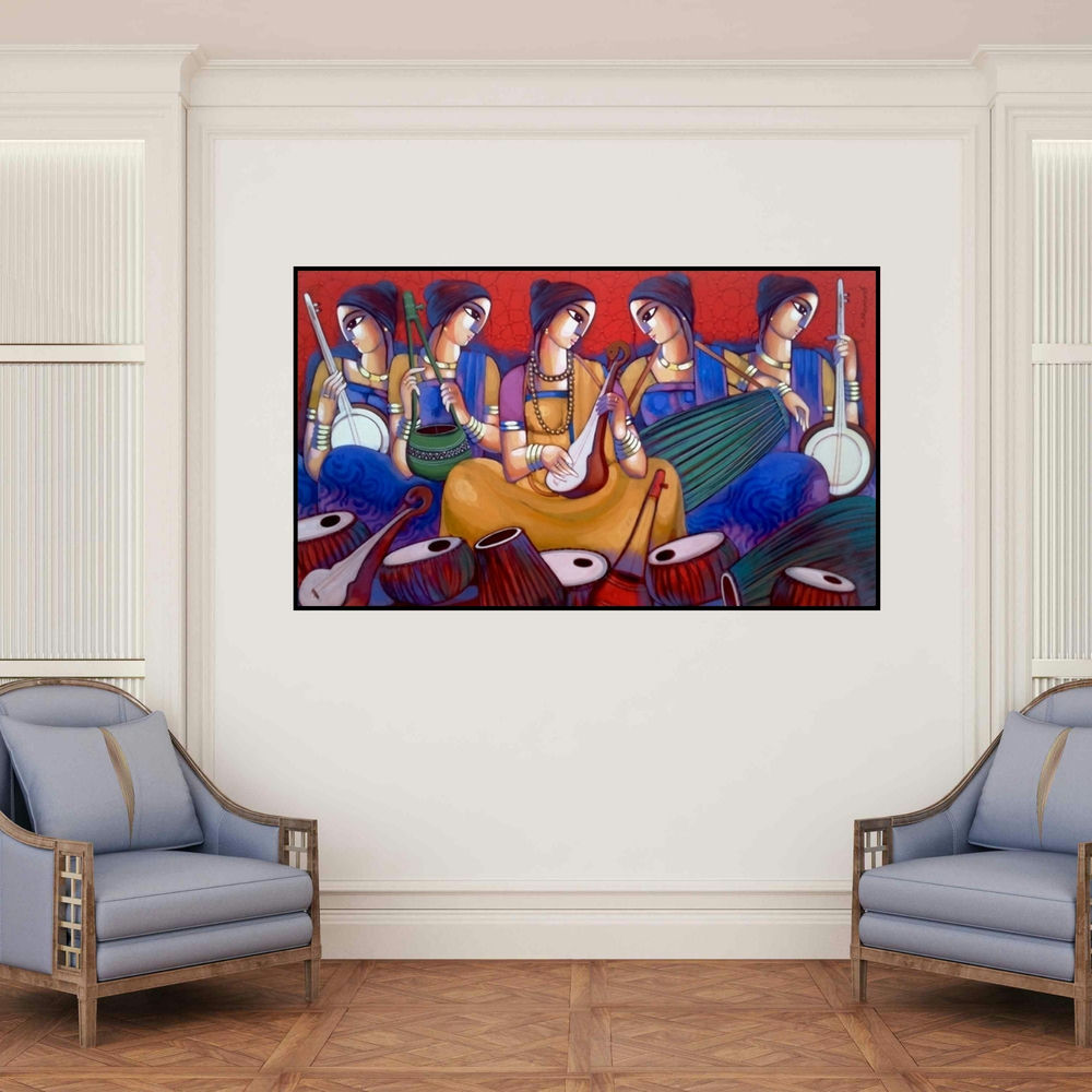 'Baul 7 (Baul Musician)' painting by Sekhar Roy shown on a wall in a furnished room.