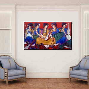 'Baul 7 (Baul Musician)' painting by Sekhar Roy shown on a wall in a furnished room.