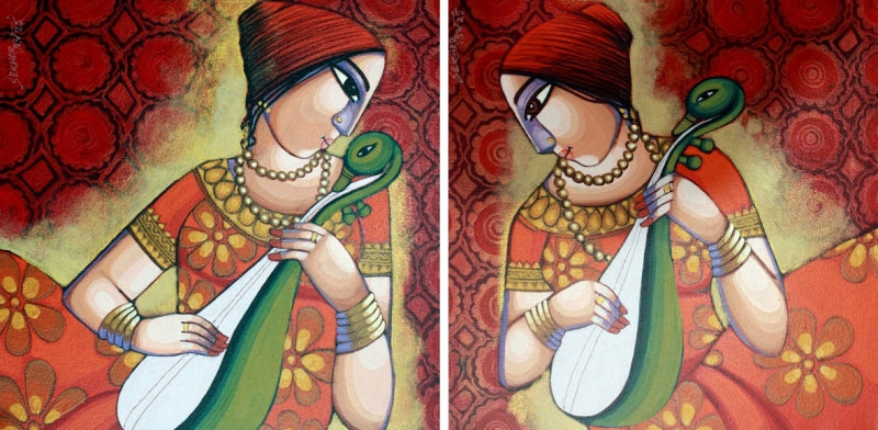 Baul (Diptych)' figurative acrylic painting by artist Sekhar Roy, 15x30 inch, on canvas