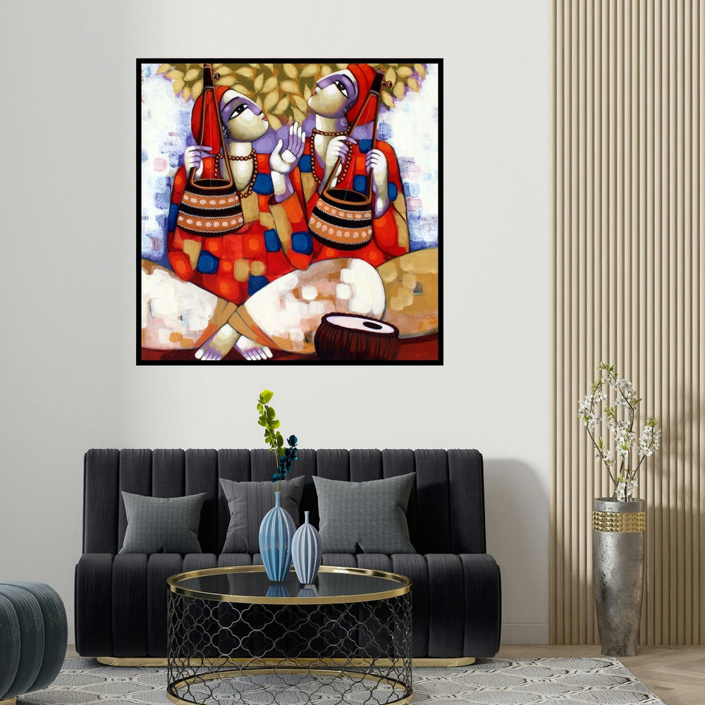 Sekhar Roy's 'Baul' painting visualized above a sofa in a contemporary room.