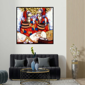 Sekhar Roy's 'Baul' painting visualized above a sofa in a contemporary room.