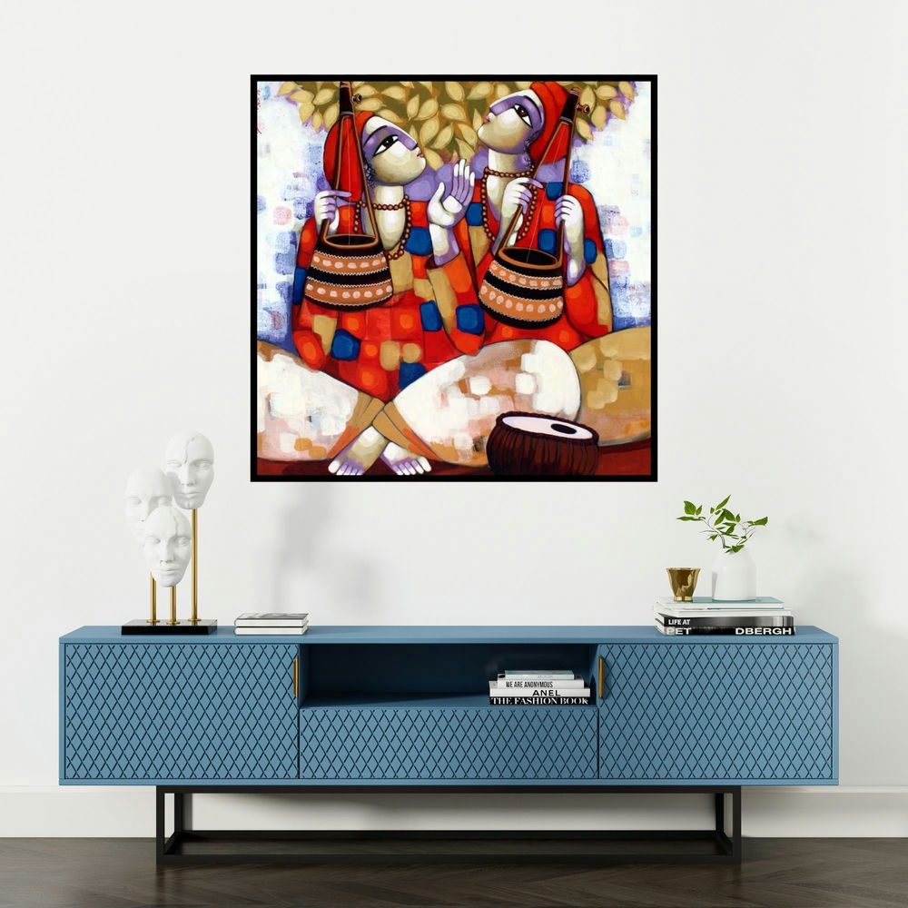 'Baul' painting by Sekhar Roy shown on a wall in a furnished room.