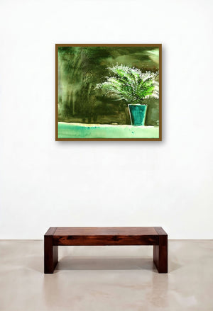 Bay Window Plant by artist Anil Nene displayed in a Mid-Century Modern Library