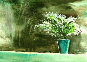 Bay Window Plant by Anil Nene, Original Watercolor Landscape Painting on Paper, Small Horizontal Wall Art