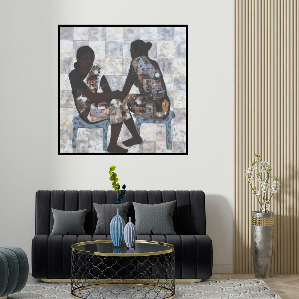 Harshada Kolapkar's 'Bazar (The Dance of Joy)' painting visualized above a sofa in a contemporary room.
