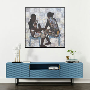 'Bazar (The Dance of Joy)' painting by Harshada Kolapkar shown on a wall in a furnished room.