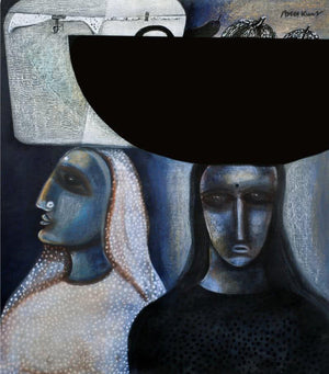 Figurative acrylic painting titled 'Bazar', 36x32 inches, by artist Arun K Mishra on Canvas