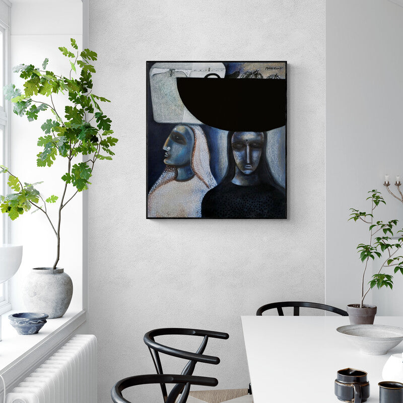 Preview of 'Bazar' Painting by Arun K Mishra shown on a wall in a furnished room.