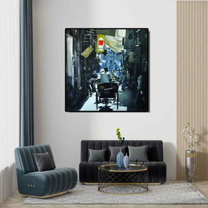 In-situ view of Ajit Deswandikar's 'In The Bazzar' painting in a room