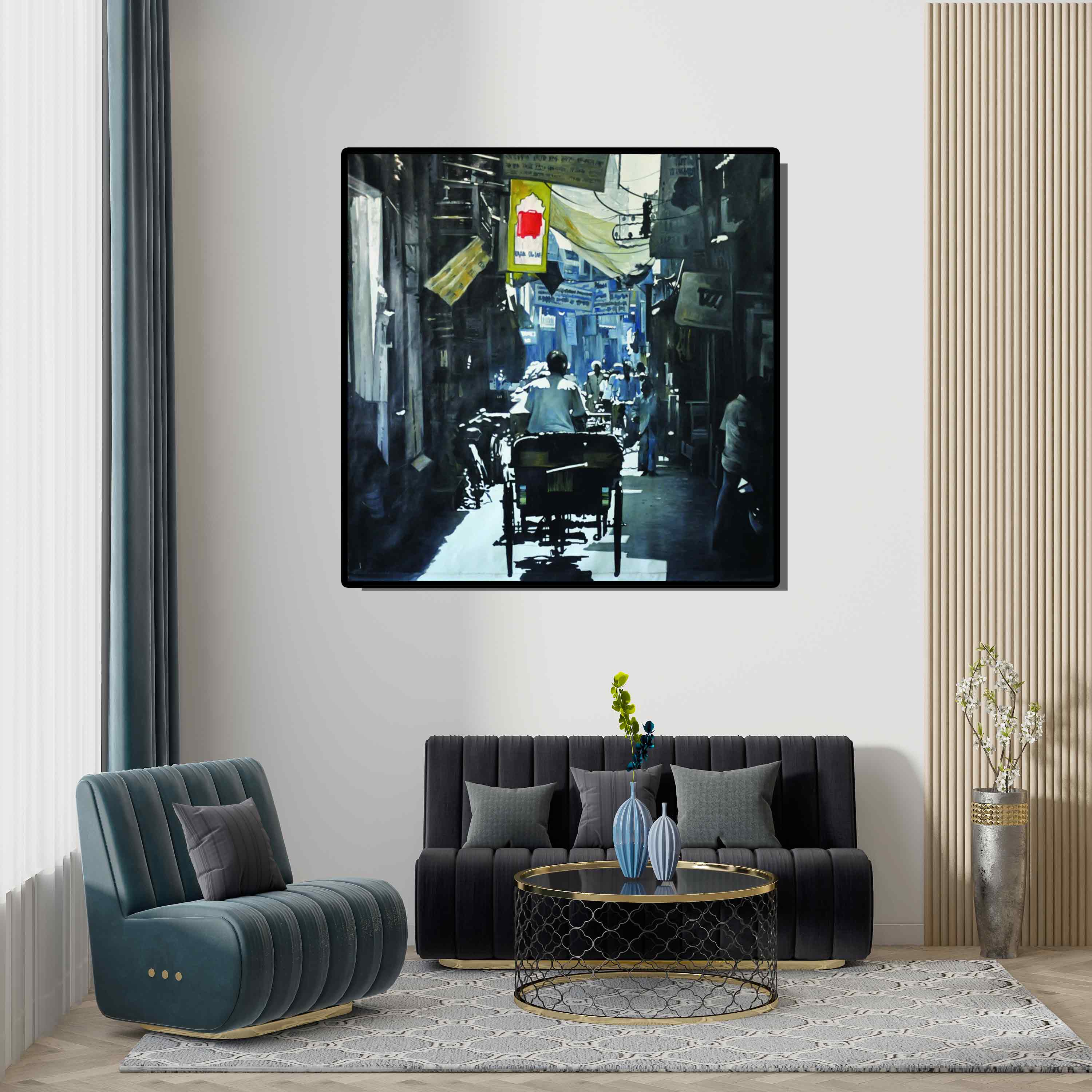 In-situ view of Ajit Deswandikar's 'In The Bazzar' painting in a room