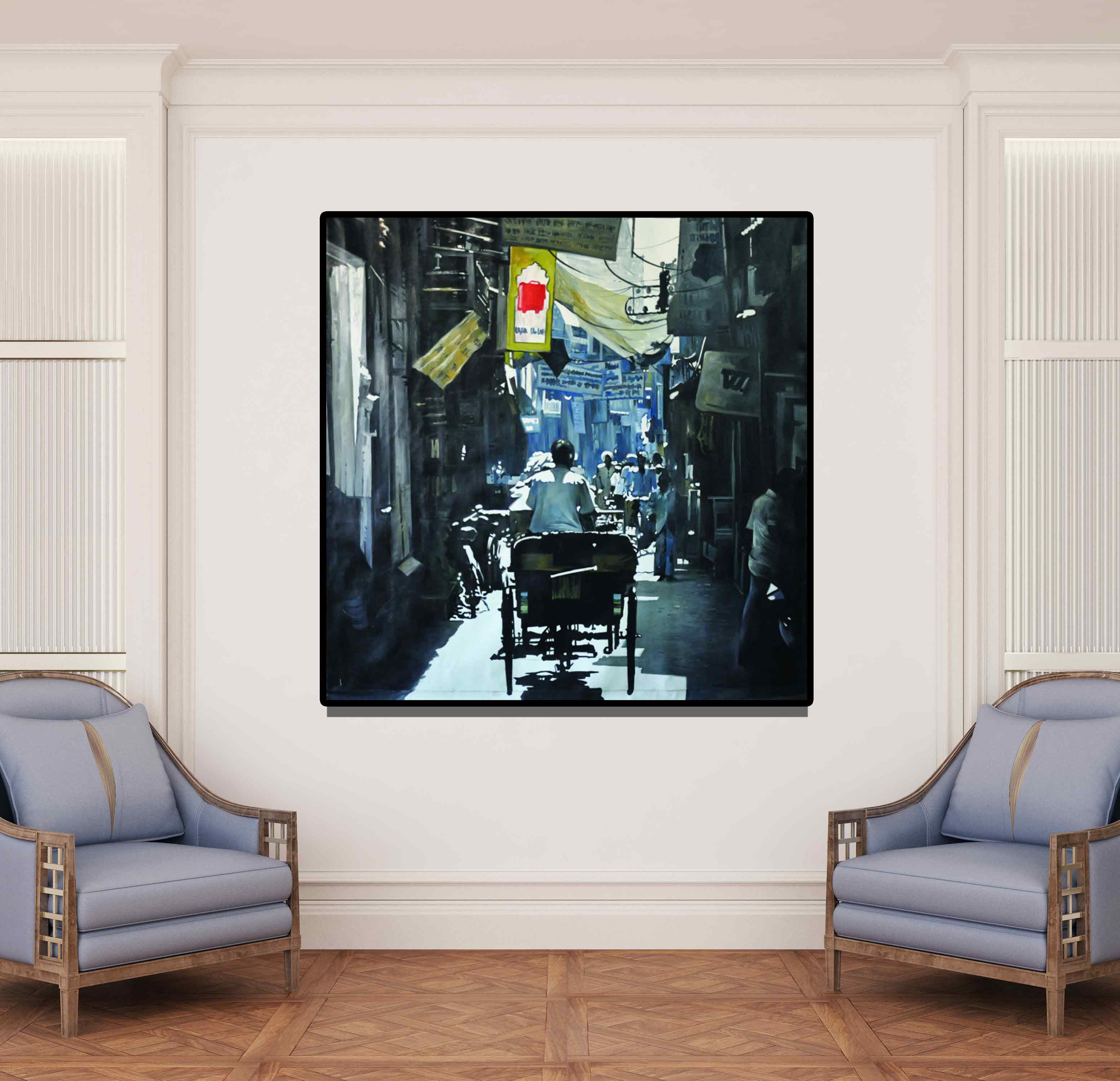 Preview of 'In The Bazzar' Painting by Ajit Deswandikar shown on a wall in a furnished room.