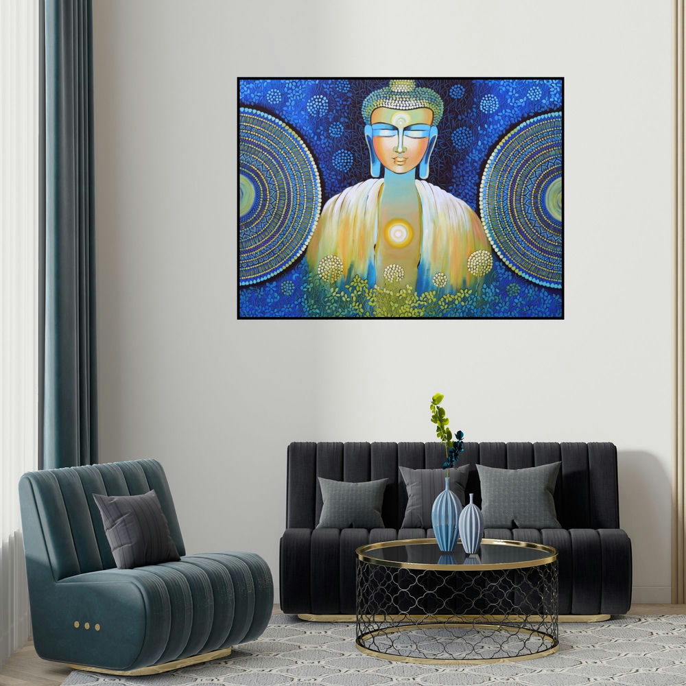 Nitu Chhajer's 'Be A Buddha (Buddha in Red and Gold)' painting visualized above a sofa in a contemporary room.