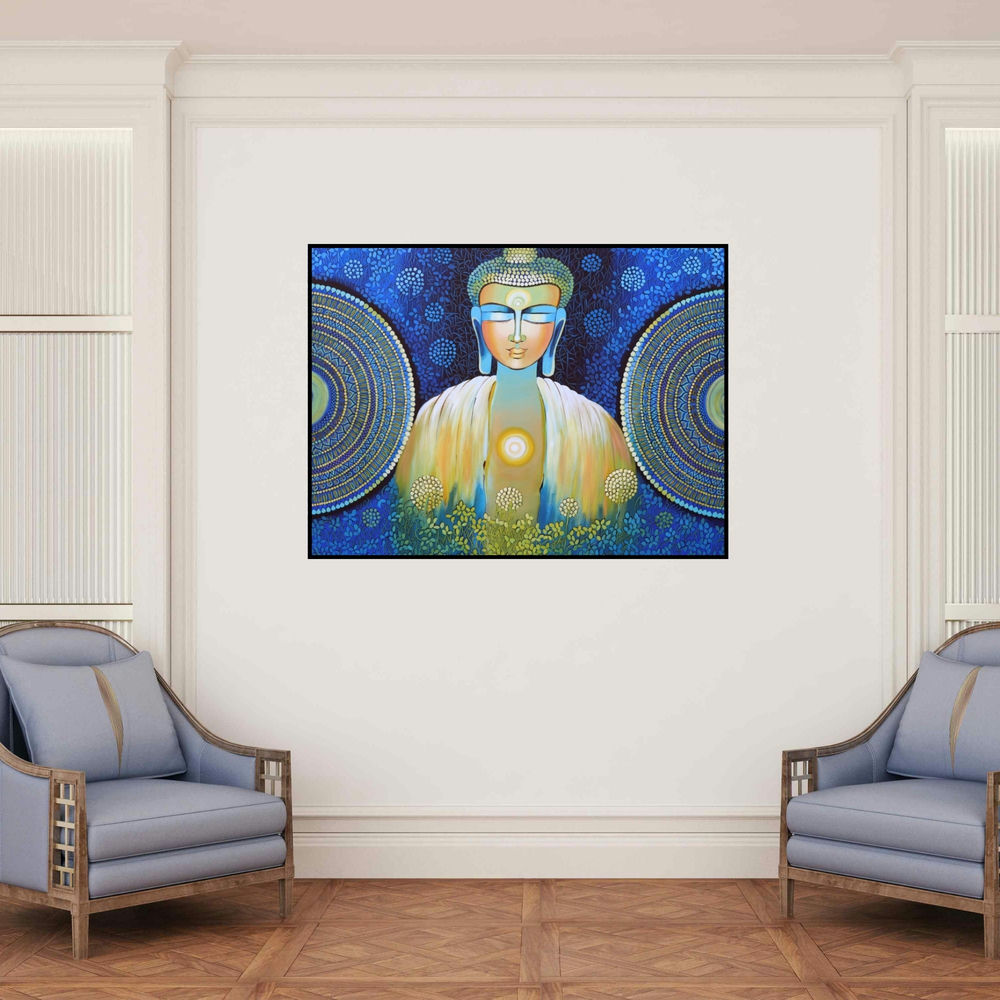 'Be A Buddha (Buddha in Red and Gold)' painting by Nitu Chhajer shown on a wall in a furnished room.