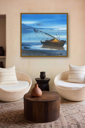 Beach Boat & Water (Beacon at Night) by artist Ganesh Hire displayed in a Indian Art gallery