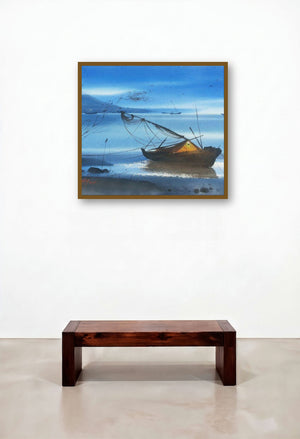 Beach Boat & Water (Beacon at Night) by artist Ganesh Hire displayed in a Art Deco Penthouse