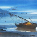 Nature watercolor painting titled 'Beach Boat & Water', 22x36 inches, by artist Ganesh Hire on Paper