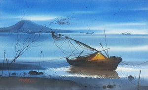 Beach Boat & Water (Beacon at Night) by Ganesh Hire, Original Watercolor Nature Painting on Paper, Medium Horizontal Wall Art