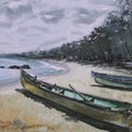 Landscape watercolor painting titled 'Beach Boat Mood', 14x20 inches, by artist KS Farvez on Paper