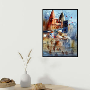 Sanjay Dhawale's 'Beautiful Banaras (Sacred Steps)' painting visualized above a sofa in a contemporary room.