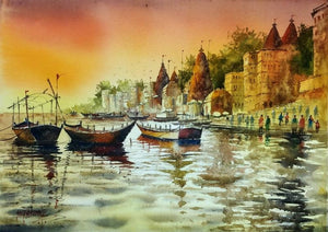 Landscape watercolor painting titled 'Beautiful Banaras Varanasi Evening', 30x22 inches, by artist Sanjay Dhawale on Handmade Paper