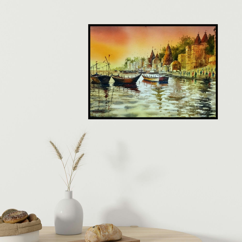 Sanjay Dhawale's 'Beautiful Banaras Varanasi Evening (Varanasi Ghats at Sunset)' painting visualized above a sofa in a contemporary room.