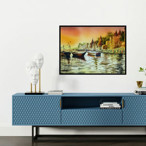 'Beautiful Banaras Varanasi Evening (Varanasi Ghats at Sunset)' painting by Sanjay Dhawale shown on a wall in a furnished room.