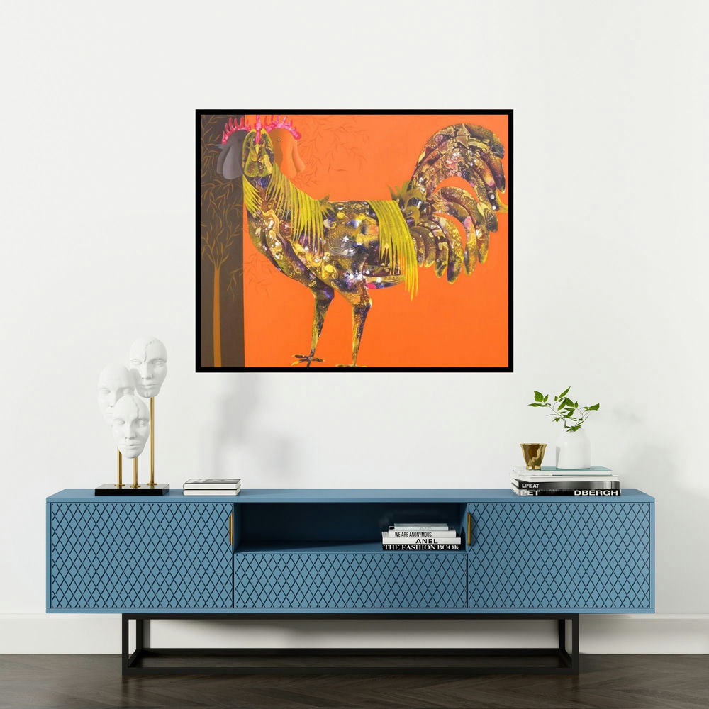 Abhiram Bairu's 'The Beautiful Hen (Radiant Rooster)' painting visualized above a sofa in a contemporary room.