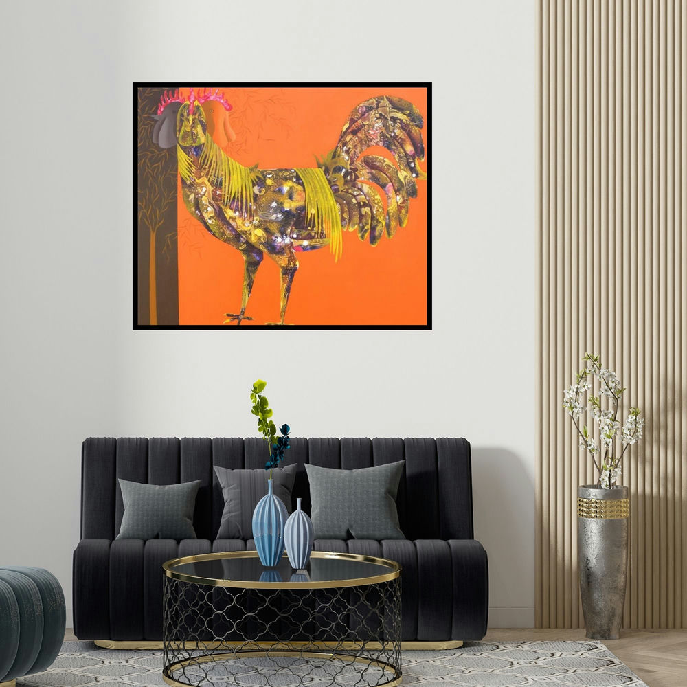 'The Beautiful Hen (Radiant Rooster)' painting by Abhiram Bairu shown on a wall in a furnished room.