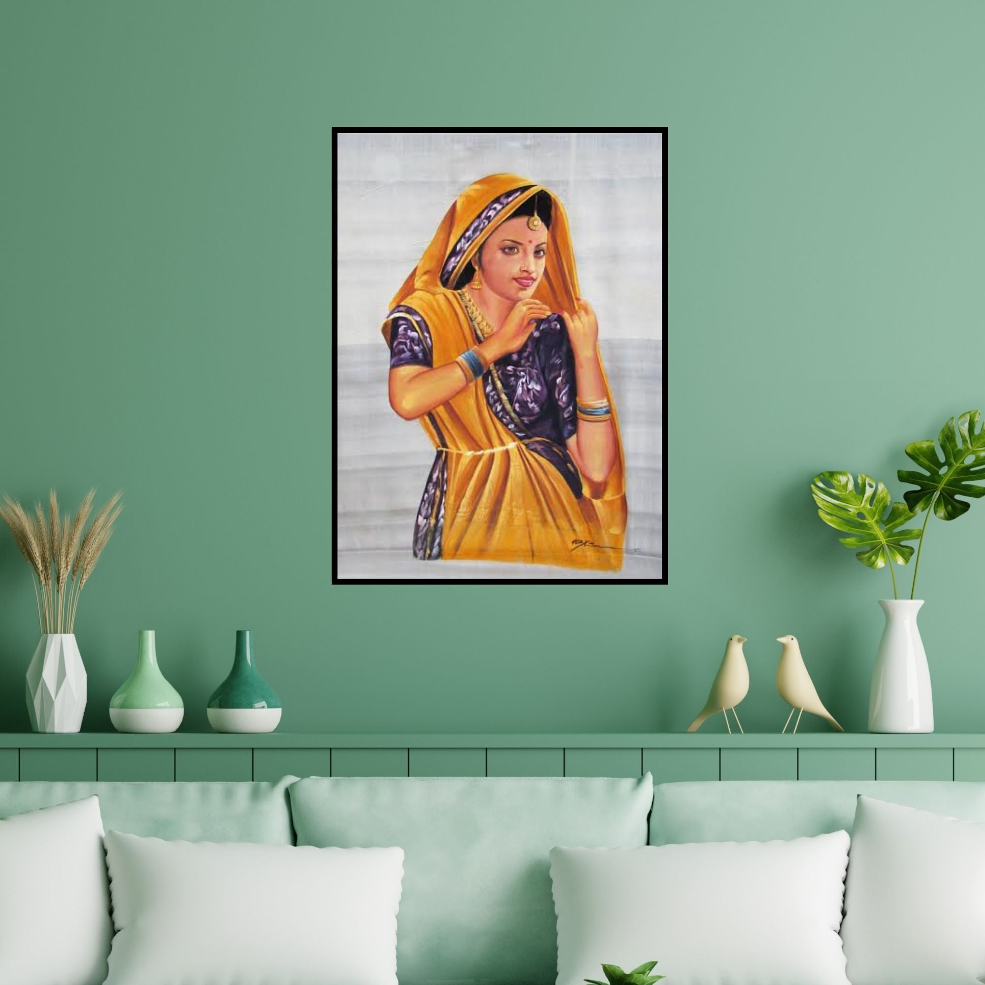 Preview of 'Beautiful Lady' Painting by Indian Miniture shown on a wall in a furnished room.