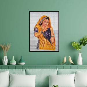 Preview of 'Beautiful Lady' Painting by Indian Miniture shown on a wall in a furnished room.