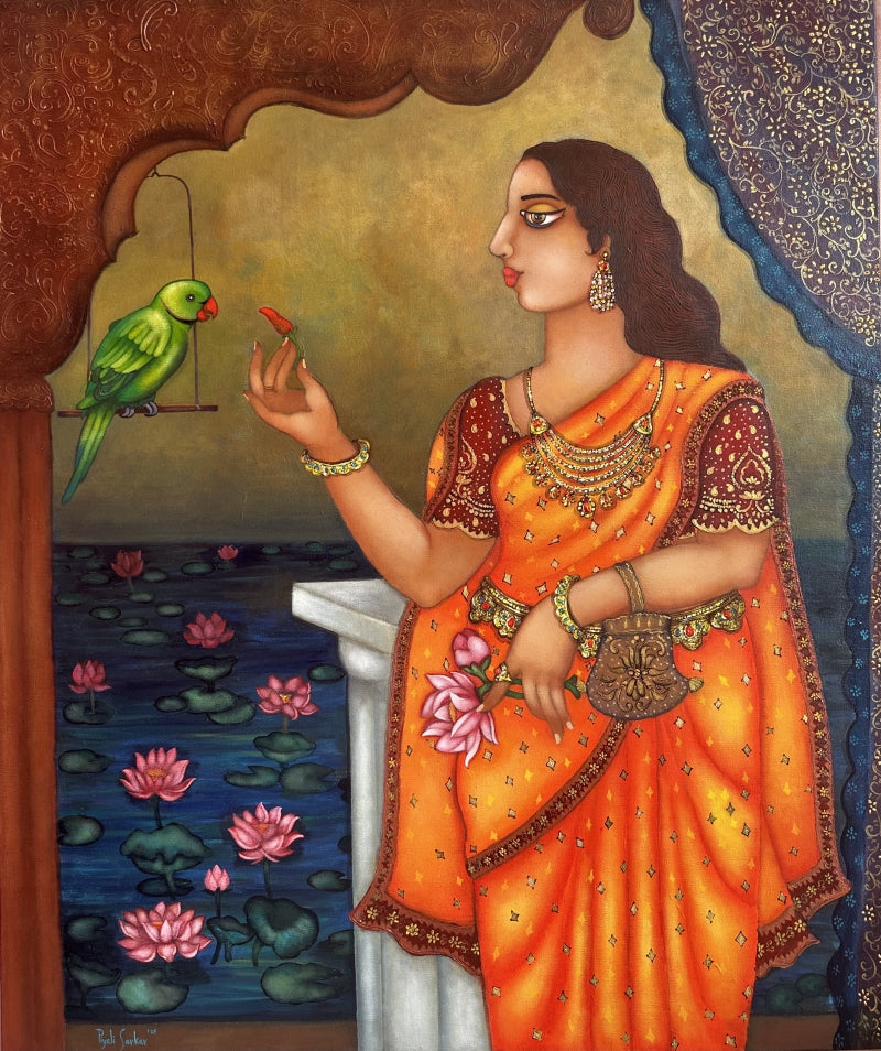 'A Beautiful Morning' figurative acrylic painting by artist Piyali Sarkar, 32x30 inch, on canvas