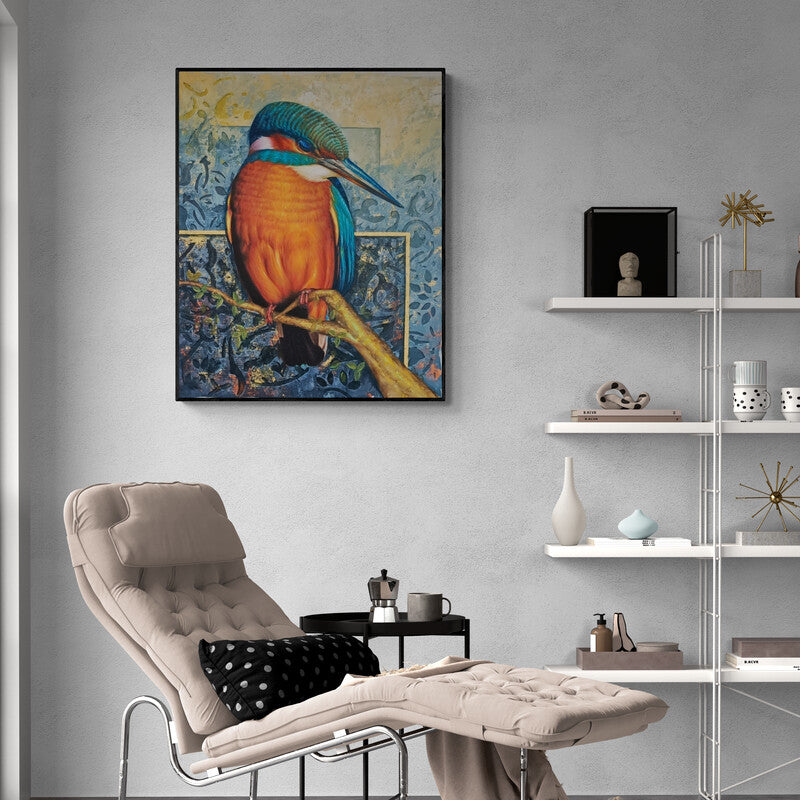 Preview of 'The Beautiful World (The Kingfisher's Gaze)' Painting by Pradeep Kumar shown on a wall in a furnished room.