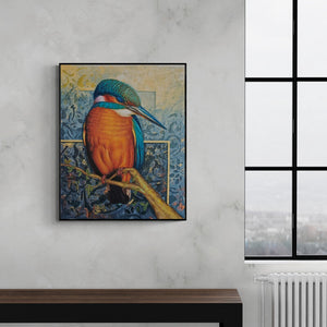 Pradeep Kumar's painting 'The Beautiful World (The Kingfisher's Gaze)' displayed in a modern living room setting