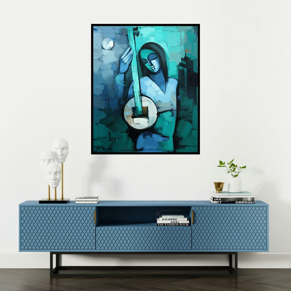 Deepa Vedpathak's 'Beauty' painting visualized above a sofa in a contemporary room.