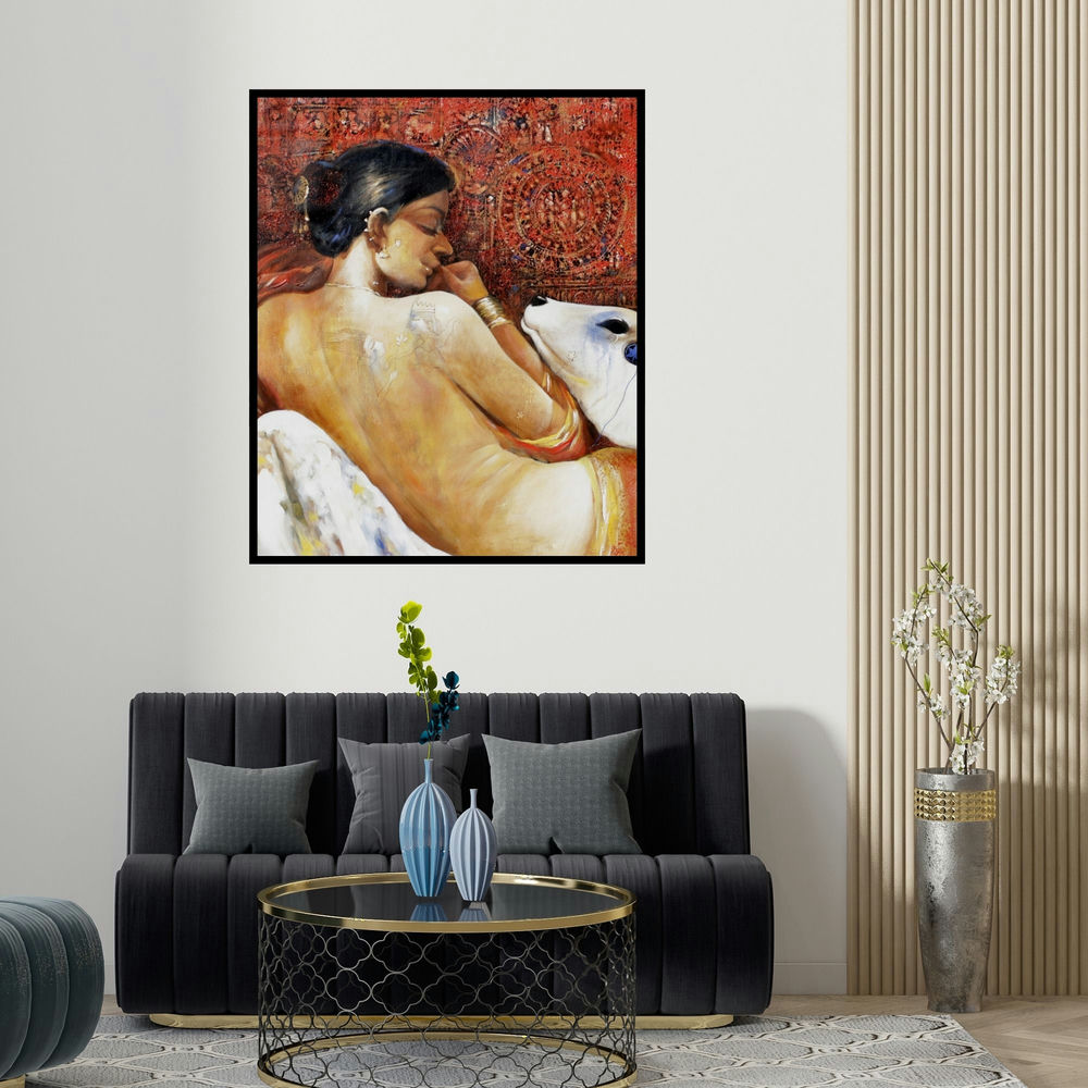 'Beauty 1' painting by Jiban Biswas shown on a wall in a furnished room.