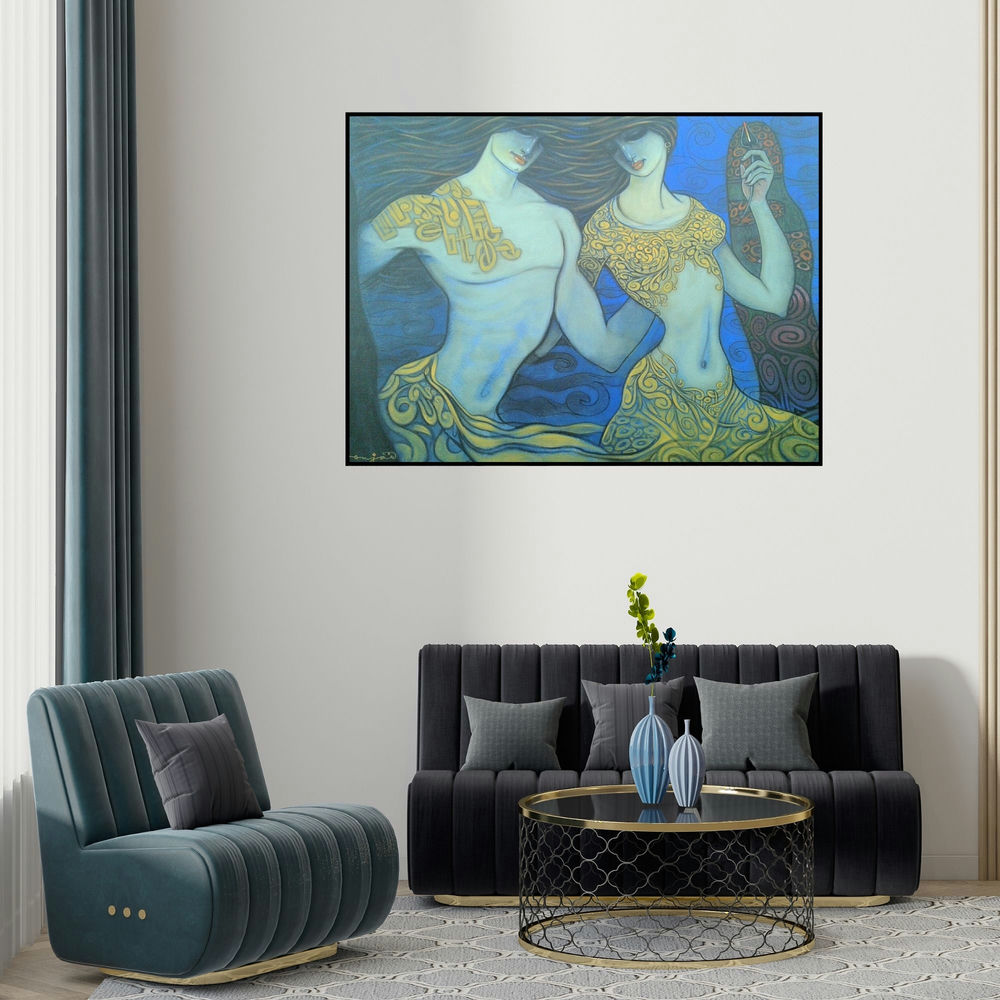Ramesh Gujar's 'Beauty (The Dance of Souls)' painting visualized above a sofa in a contemporary room.