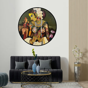 Sachin Kharat's 'Beauty (A Tapestry of Myth and Legend)' painting visualized above a sofa in a contemporary room.