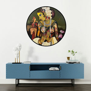 'Beauty (A Tapestry of Myth and Legend)' painting by Sachin Kharat shown on a wall in a furnished room.