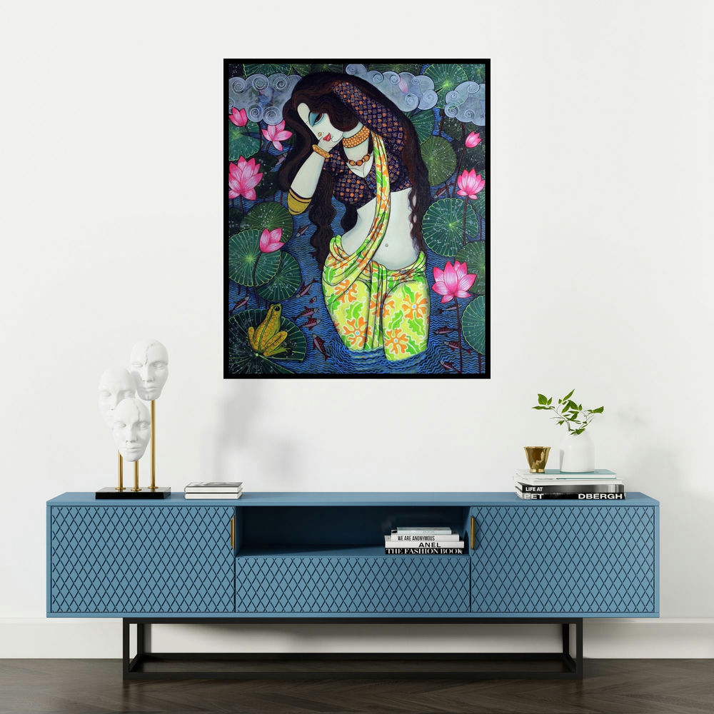 Varsha Kharatamal's 'Beauty And Lotus 3' painting visualized above a sofa in a contemporary room.
