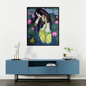 Varsha Kharatamal's 'Beauty And Lotus 3' painting visualized above a sofa in a contemporary room.