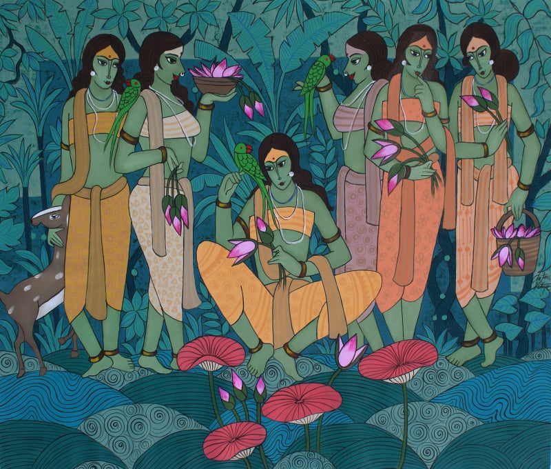 Beauty In Bloom' figurative acrylic painting by artist Chetan Katigar, 48x56 inch, on canvas