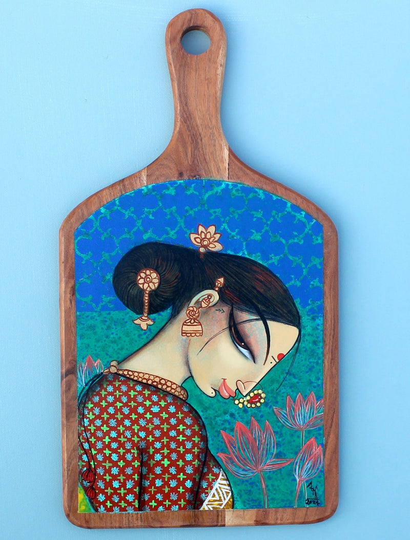 Beauty Face 1' figurative acrylic painting by artist Varsha R Kharatmal, 17x9 inch, on wooden board